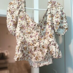 Altar'd State Cream Puff Sleeve Blouse with Tie Front